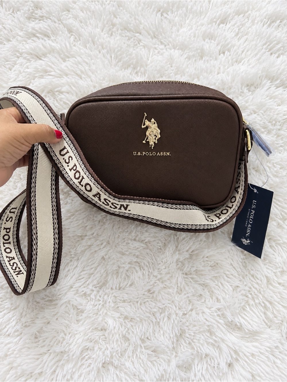 U.S. Polo Assn. Brown Camera Crossbody with Cream Branded Strap